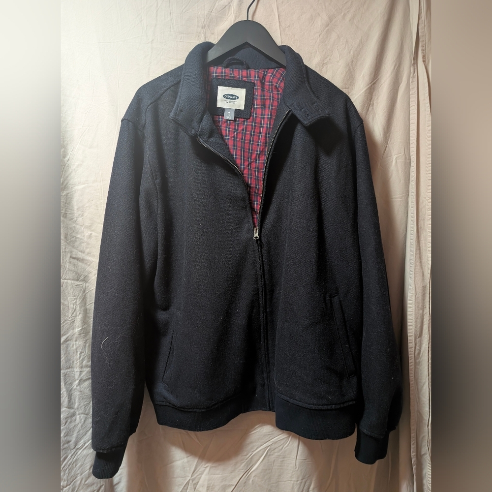 Old Navy Black Coat with Red and Blue Plaid Interior